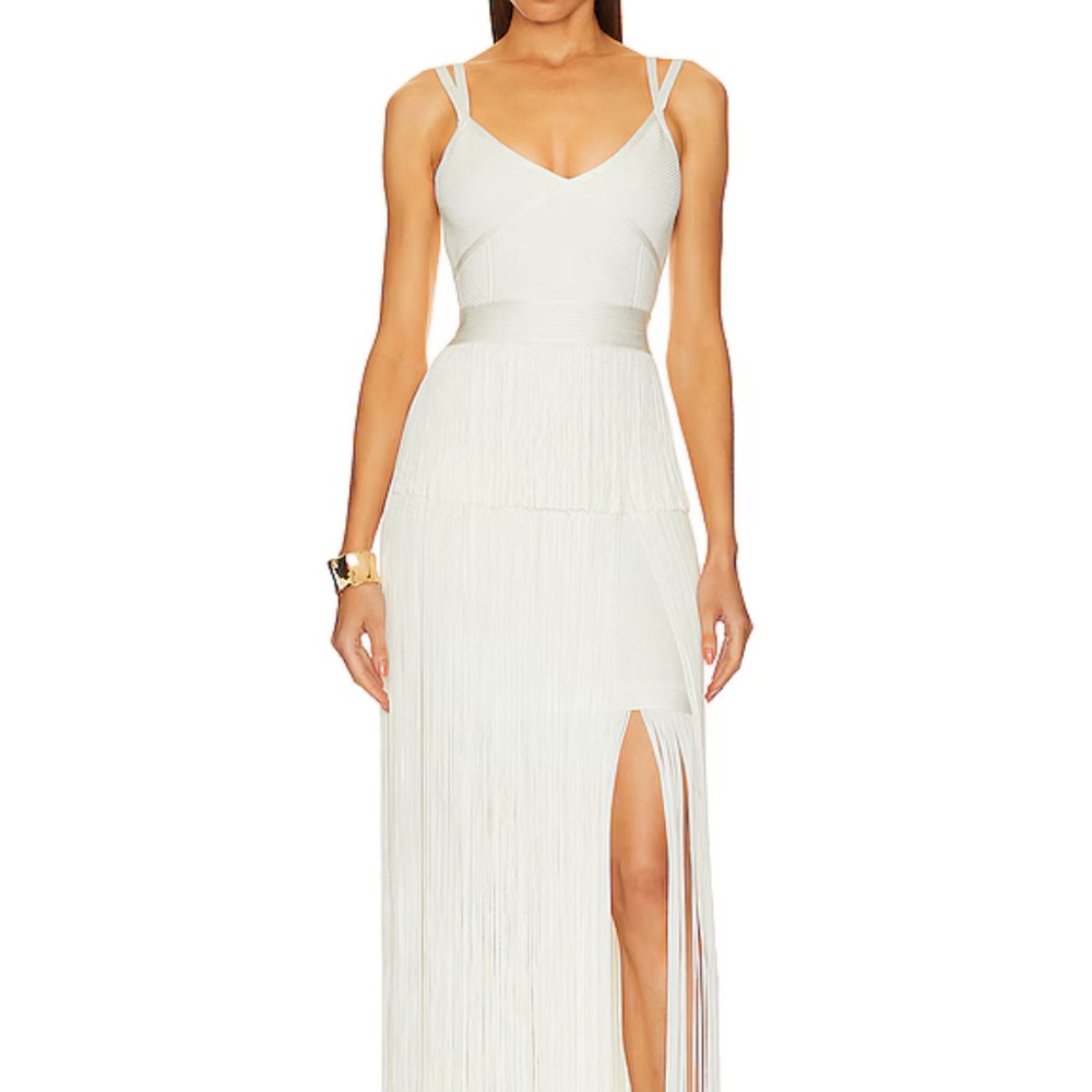 Herve leger strappy ottoman fringe gown in alabaster